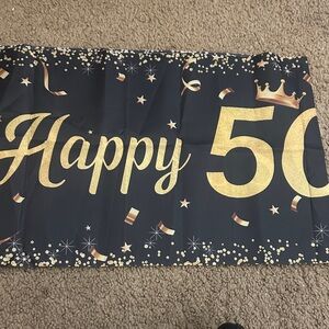 50 birthday Black and Gold Happy 50 Banner & 100 stickers & cake topper